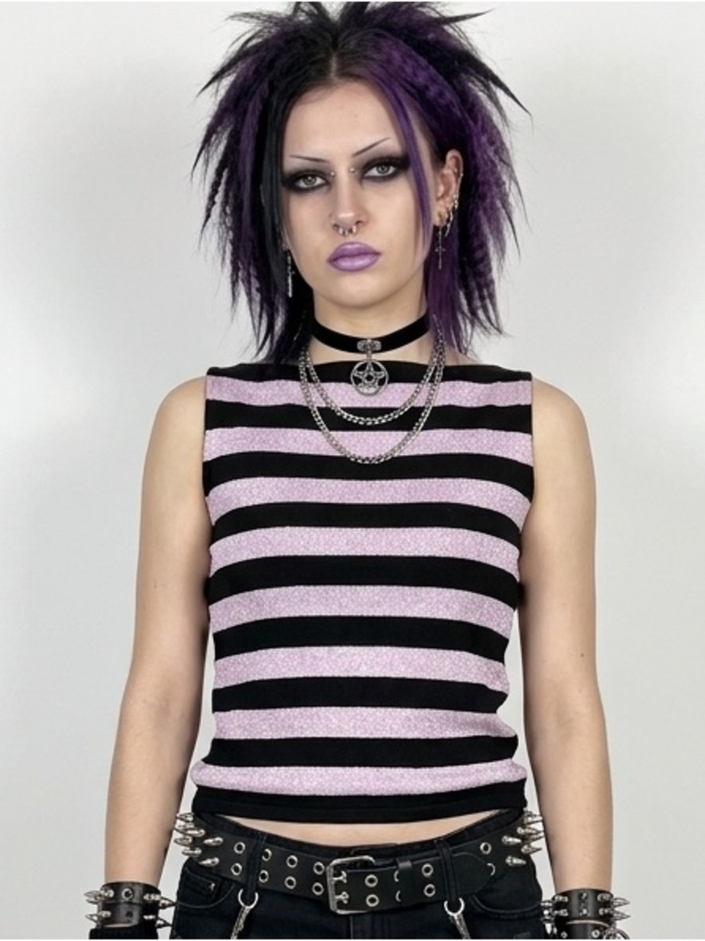 Y2K Glam Goth Hennes Metallic Pink and Black Striped Boatneck Top Size Medium